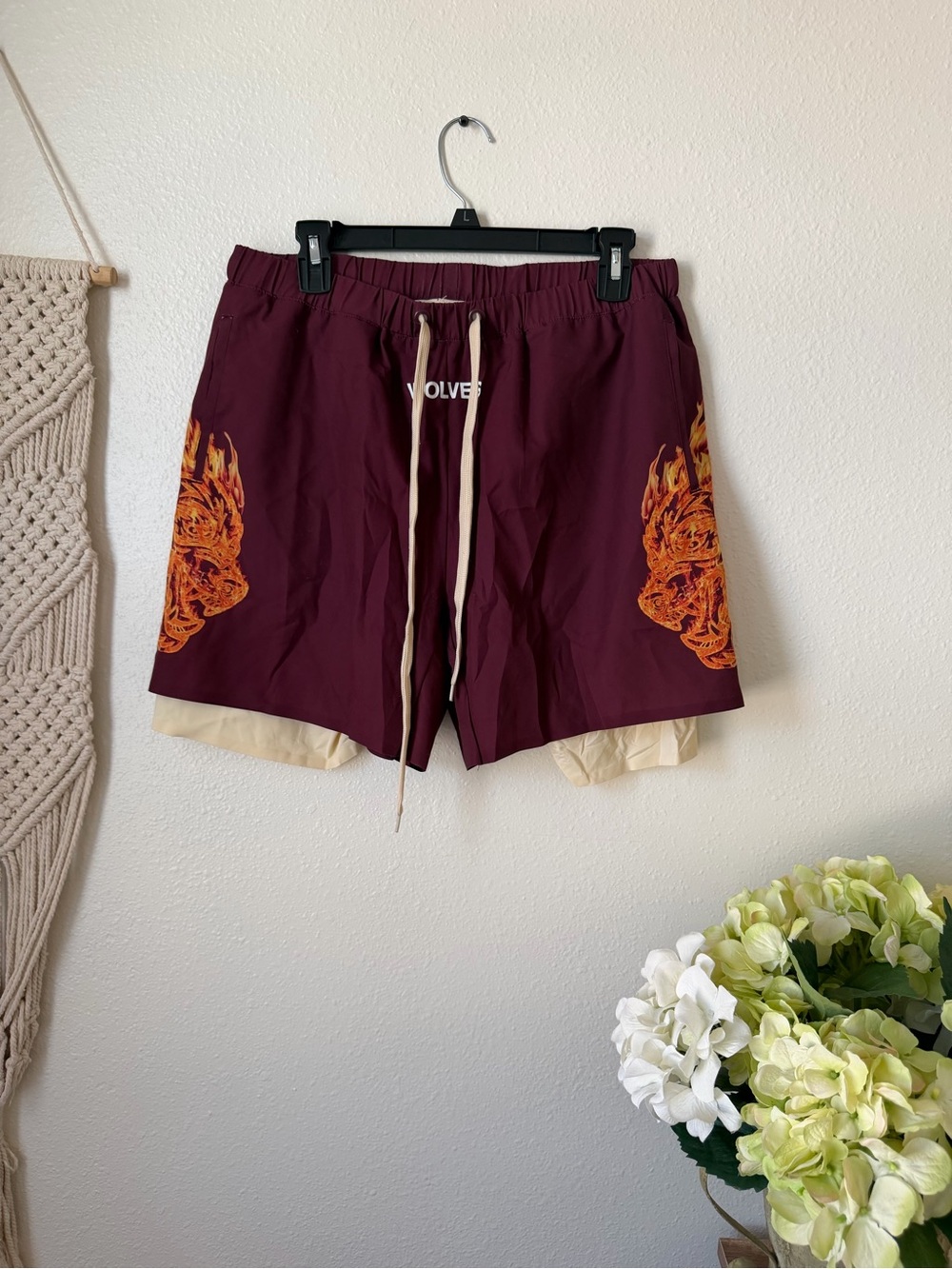 Darc Sport Burgundy Athletic Shorts with Orange Flame Graphics
